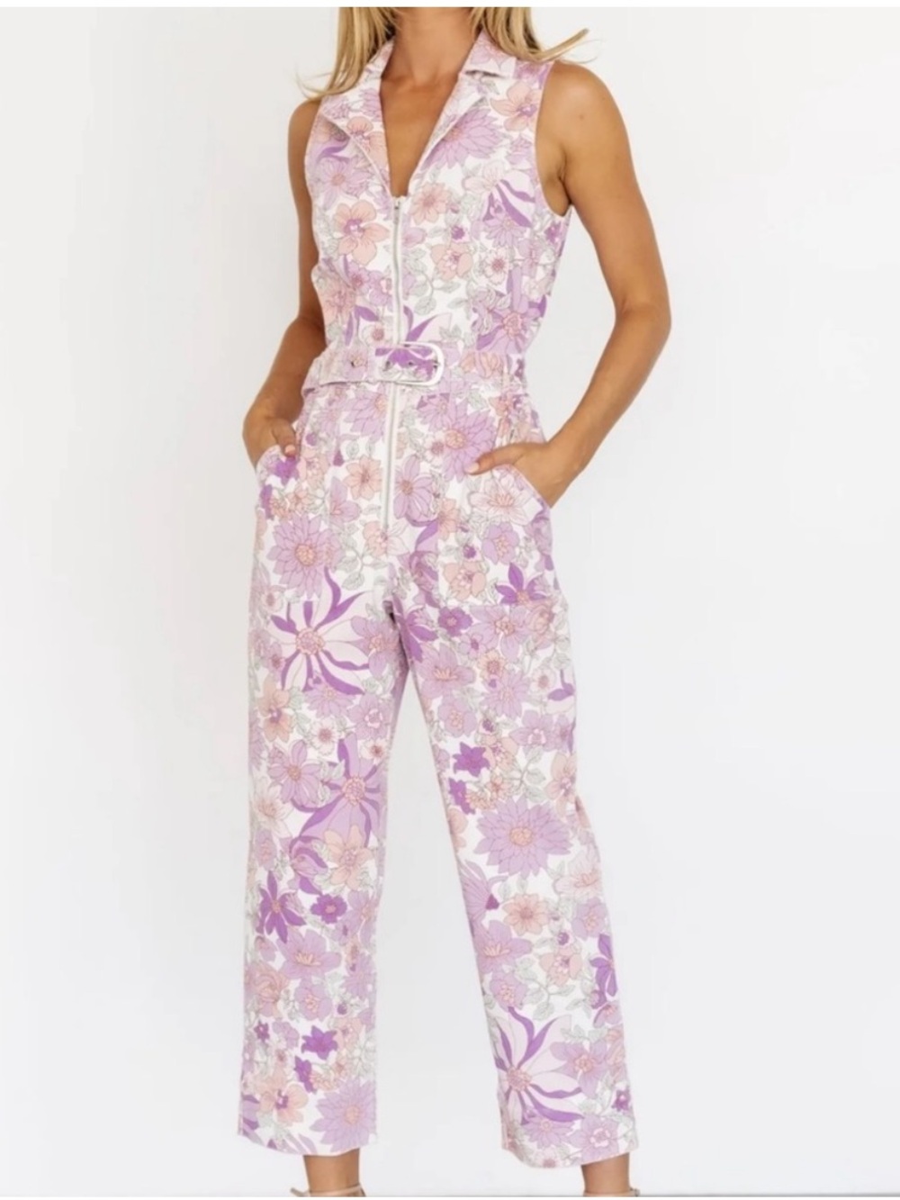 NWT Baltic Born Floral Jumpsuit Medium Purple Pink Excellent Belted Retro 70s M